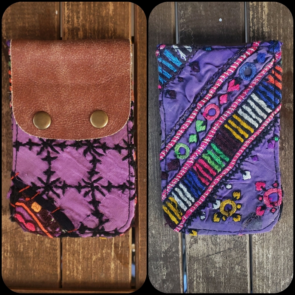 🥂🕺 Free People Boho Embroidered Repurposed vtg banjara hippie Wallet card case